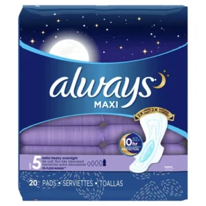 Always Maxi Extra Heavy Overnight Pads w/Wings Unscented Size 5 – 20ct/6pk Case/6