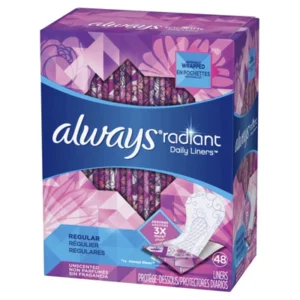 Always Radiant Daily Liners Unscented Regular – 48ct/6pk Case/6