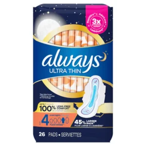 Always Ultra Thin Overnight Pads with Wings, Size 4 Overnight – 26ct/3pk